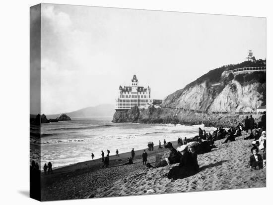 Crowds Enjoy the Beach Below the Cliff House-null-Stretched Canvas