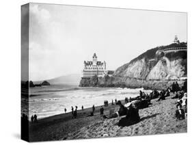 Crowds Enjoy the Beach Below the Cliff House-null-Stretched Canvas