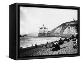 Crowds Enjoy the Beach Below the Cliff House-null-Framed Stretched Canvas