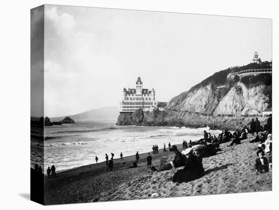 Crowds Enjoy the Beach Below the Cliff House-null-Stretched Canvas