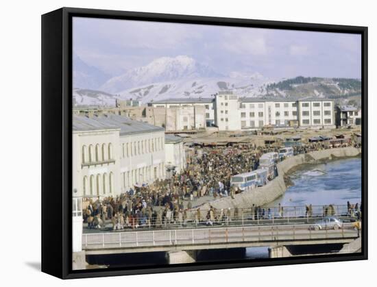 Crowds of People and Buses in the City, Kabul, Afghanistan-David Lomax-Framed Stretched Canvas