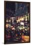 Crowds of People at a Busy Crossing in the Night with Colorful Lights,Digital Painting-Tithi Luadthong-Framed Art Print