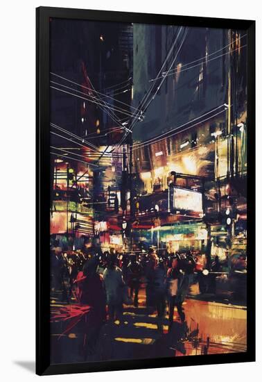 Crowds of People at a Busy Crossing in the Night with Colorful Lights,Digital Painting-Tithi Luadthong-Framed Art Print