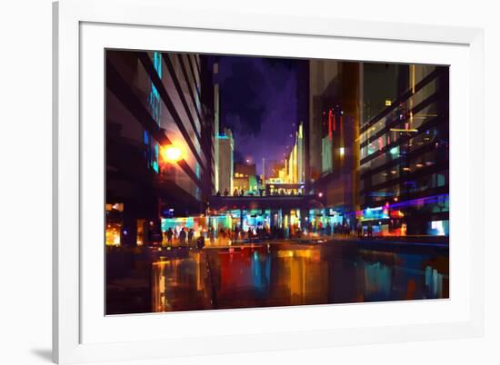 Crowds of People at a Busy Crossing in the Night with Neon Lights,Digital Painting-Tithi Luadthong-Framed Art Print