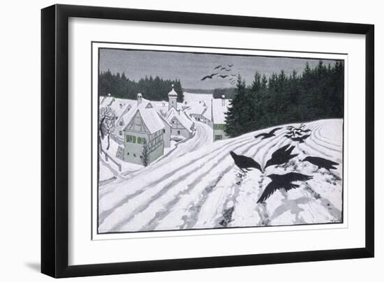 Crows Search for Food in the Snow in Fields on the Outskirts of a German Village-Walther Georgi-Framed Art Print