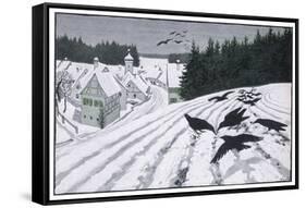 Crows Search for Food in the Snow in Fields on the Outskirts of a German Village-Walther Georgi-Framed Stretched Canvas