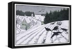 Crows Search for Food in the Snow in Fields on the Outskirts of a German Village-Walther Georgi-Framed Stretched Canvas