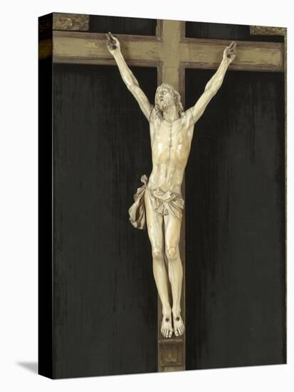 Crucifix en ivoire sur fond de velours, dans un cadre-null-Stretched Canvas