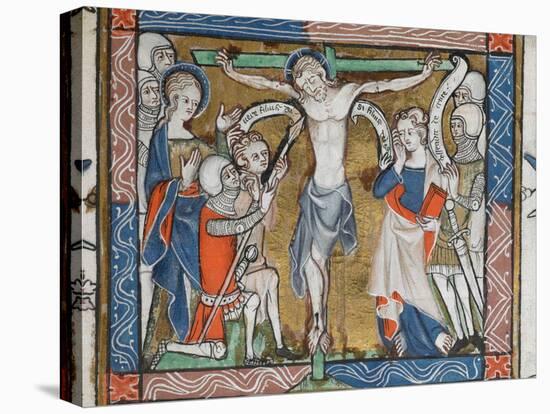 Crucifixion on a green cross, 14th century miniature-English-Stretched Canvas