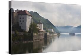 Cruise Ship Passing on the River Danube in the Early Morning Mist, Passau, Bavaria, Germany, Europe-Michael Runkel-Stretched Canvas