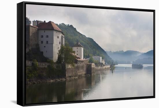 Cruise Ship Passing on the River Danube in the Early Morning Mist, Passau, Bavaria, Germany, Europe-Michael Runkel-Framed Stretched Canvas