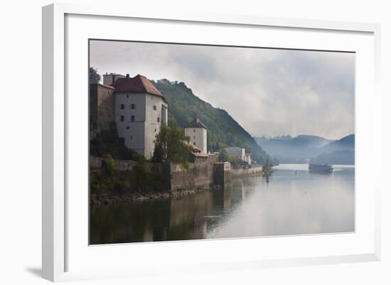 Cruise Ship Passing on the River Danube in the Early Morning Mist, Passau, Bavaria, Germany, Europe-Michael Runkel-Framed Photographic Print