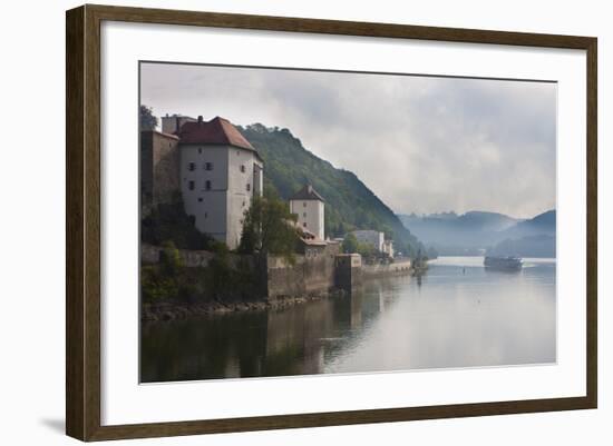 Cruise Ship Passing on the River Danube in the Early Morning Mist, Passau, Bavaria, Germany, Europe-Michael Runkel-Framed Photographic Print