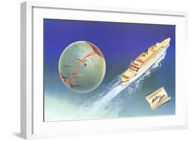 Cruise Ship with Routes on Globe, Matson Line-null-Framed Art Print