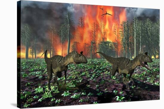 Cryolophosaurus Dinosaurs Fleeing from a Deadly Forest Fire-null-Stretched Canvas