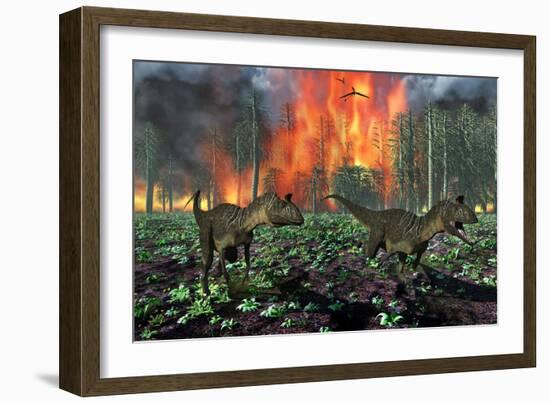 Cryolophosaurus Dinosaurs Fleeing from a Deadly Forest Fire-null-Framed Art Print