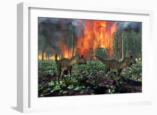 Cryolophosaurus Dinosaurs Fleeing from a Deadly Forest Fire-null-Framed Art Print