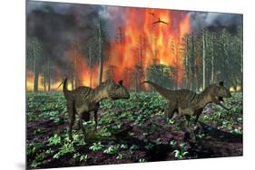 Cryolophosaurus Dinosaurs Fleeing from a Deadly Forest Fire-null-Mounted Art Print