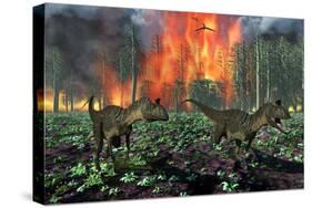 Cryolophosaurus Dinosaurs Fleeing from a Deadly Forest Fire-null-Stretched Canvas