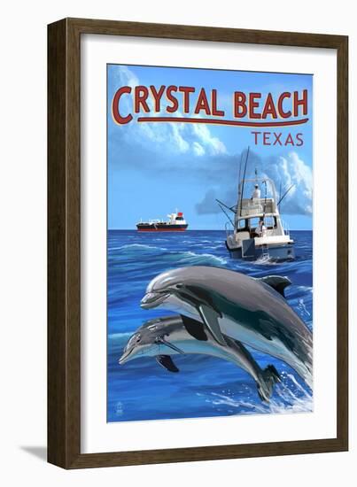 Crystal Beach, Texas - Fishing Boat with Freighter and Dolphins-Lantern Press-Framed Art Print