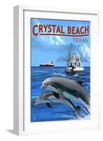 Crystal Beach, Texas - Fishing Boat with Freighter and Dolphins-Lantern Press-Framed Art Print