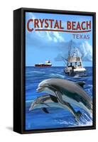 Crystal Beach, Texas - Fishing Boat with Freighter and Dolphins-Lantern Press-Framed Stretched Canvas