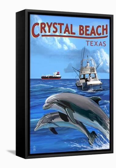 Crystal Beach, Texas - Fishing Boat with Freighter and Dolphins-Lantern Press-Framed Stretched Canvas