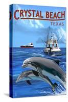 Crystal Beach, Texas - Fishing Boat with Freighter and Dolphins-Lantern Press-Stretched Canvas