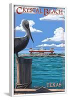 Crystal Beach, Texas - Pelican and Ferry-Lantern Press-Framed Art Print