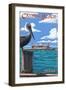 Crystal Beach, Texas - Pelican and Ferry-Lantern Press-Framed Art Print