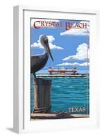 Crystal Beach, Texas - Pelican and Ferry-Lantern Press-Framed Art Print