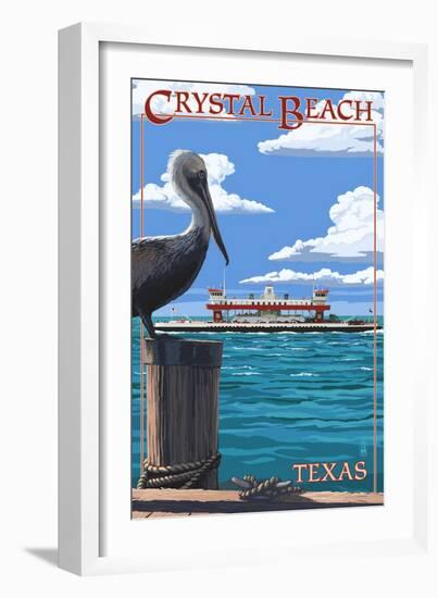 Crystal Beach, Texas - Pelican and Ferry-Lantern Press-Framed Art Print