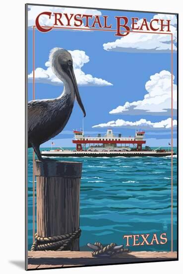 Crystal Beach, Texas - Pelican and Ferry-Lantern Press-Mounted Art Print