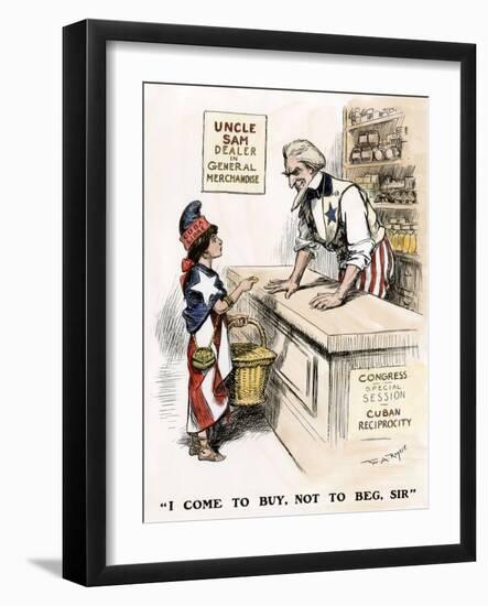 Cuba Address to Uncle Sam “” I Come to Buy, Not to Beg, Sir”” 1903. Colour Engraving from a Cartoon-null-Framed Giclee Print