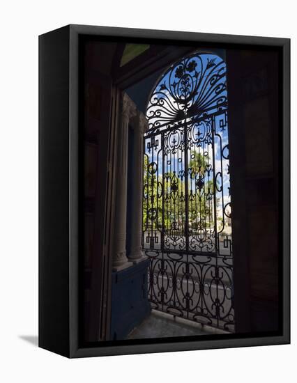 Cuba, Camaguey, UNESCO World Heritage Site, wrought iron grill in giant window of colonial mansion-Merrill Images-Framed Stretched Canvas