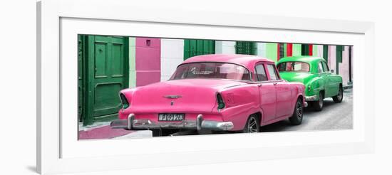 Cuba Fuerte Collection Panoramic - Classic American Cars - Pink & Green-Philippe Hugonnard-Framed Photographic Print