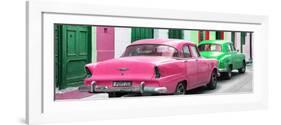 Cuba Fuerte Collection Panoramic - Classic American Cars - Pink & Green-Philippe Hugonnard-Framed Photographic Print