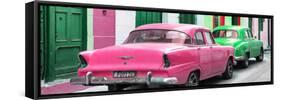 Cuba Fuerte Collection Panoramic - Classic American Cars - Pink & Green-Philippe Hugonnard-Framed Stretched Canvas