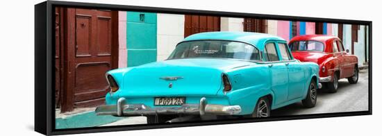 Cuba Fuerte Collection Panoramic - Classic American Cars - Turquoise & Red-Philippe Hugonnard-Framed Stretched Canvas