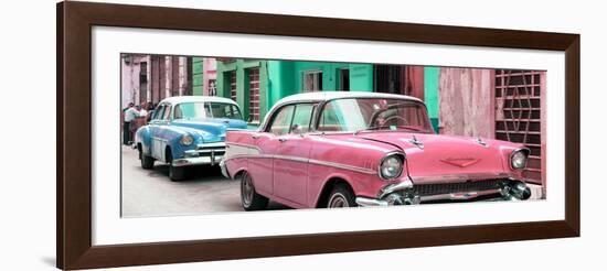 Cuba Fuerte Collection Panoramic - Old Cars Chevrolet Pink and Blue-Philippe Hugonnard-Framed Photographic Print