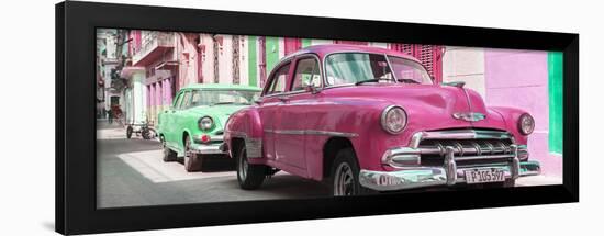 Cuba Fuerte Collection Panoramic - Two Chevrolet Cars Pink and Green-Philippe Hugonnard-Framed Photographic Print