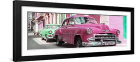 Cuba Fuerte Collection Panoramic - Two Chevrolet Cars Pink and Green-Philippe Hugonnard-Framed Photographic Print