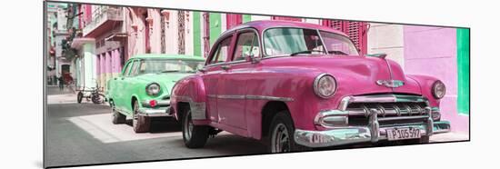 Cuba Fuerte Collection Panoramic - Two Chevrolet Cars Pink and Green-Philippe Hugonnard-Mounted Photographic Print