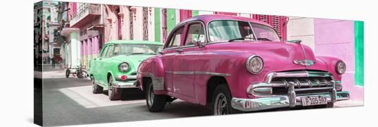 Cuba Fuerte Collection Panoramic - Two Chevrolet Cars Pink and Green-Philippe Hugonnard-Stretched Canvas