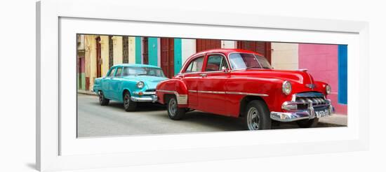 Cuba Fuerte Collection Panoramic - Two Classic Red and Turquoise Cars-Philippe Hugonnard-Framed Photographic Print