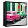 Cuba Fuerte Collection SQ - Two Classic American Cars - Pink & Green-Philippe Hugonnard-Framed Stretched Canvas