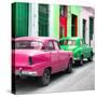 Cuba Fuerte Collection SQ - Two Classic American Cars - Pink & Green-Philippe Hugonnard-Stretched Canvas