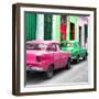 Cuba Fuerte Collection SQ - Two Classic American Cars - Pink & Green-Philippe Hugonnard-Framed Photographic Print