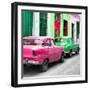 Cuba Fuerte Collection SQ - Two Classic American Cars - Pink & Green-Philippe Hugonnard-Framed Photographic Print