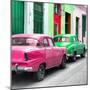 Cuba Fuerte Collection SQ - Two Classic American Cars - Pink & Green-Philippe Hugonnard-Mounted Photographic Print